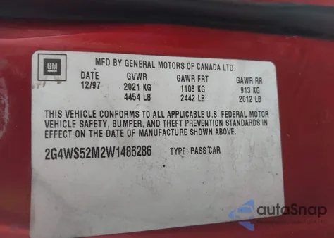 1998 Buick Century Custom z USA, uszkodzony, nr VIN 2G4WS52M2W1486286